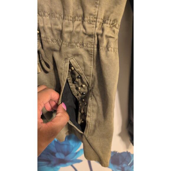 Faux Leather Motorcycle Jacket – Green Front with Studded Sleeves - Picture 3 of 4